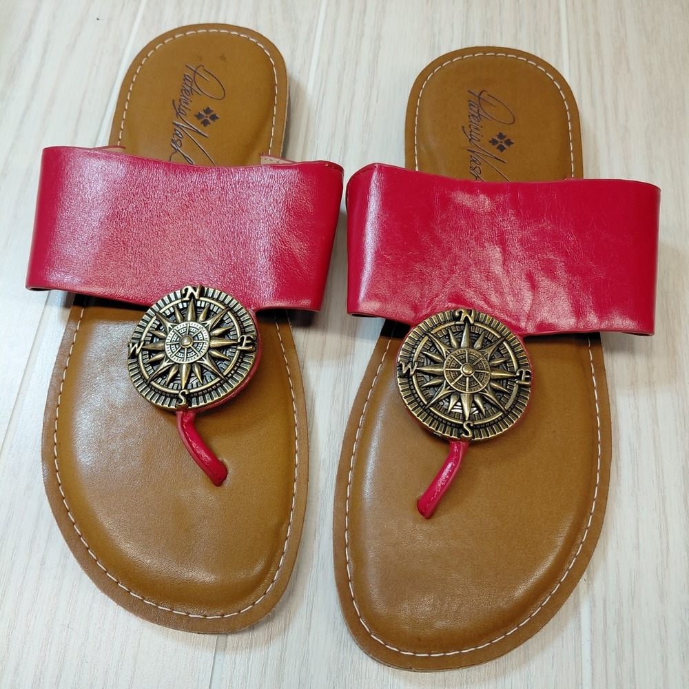 Patricia Nash Niki Wide Strap Red Leather SlipOn Thong Sandal Red Medallion 9.5W